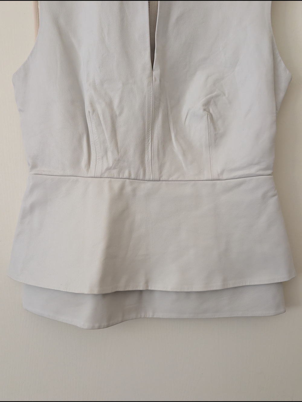 Diane Von Furstenberg Womens 2 Delian Leather Combo Sleeveless Peplum Top White - Picture 2 of 9